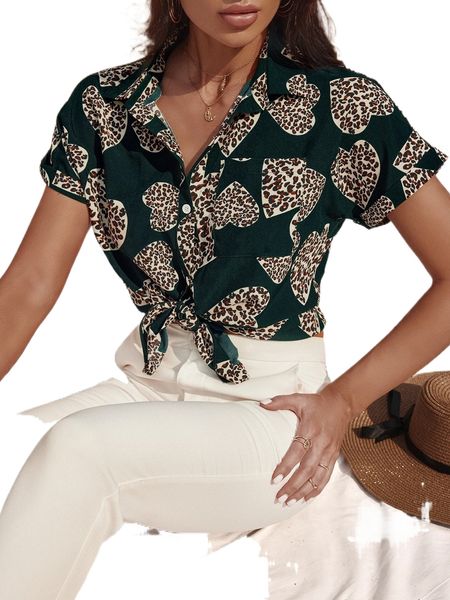 

leopard & heart print patched pocket batwing sleeve blouse t0nj#, White