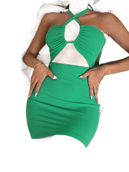 

halterneck tied backless cut-out bodycon dress q0bd#, Black;gray