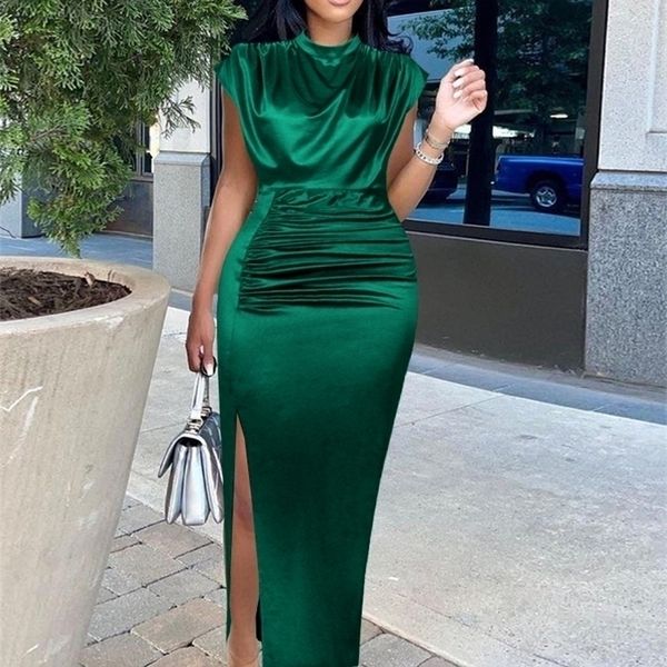 Femmes brillant longue robe plissée vert élégant fente col haut Slim Fit sans manches Maxi Robes femme robes fête printemps 220509