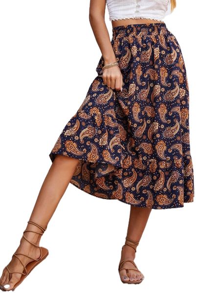 

paisley & floral print ruffle hem skirt s9uh#, Black