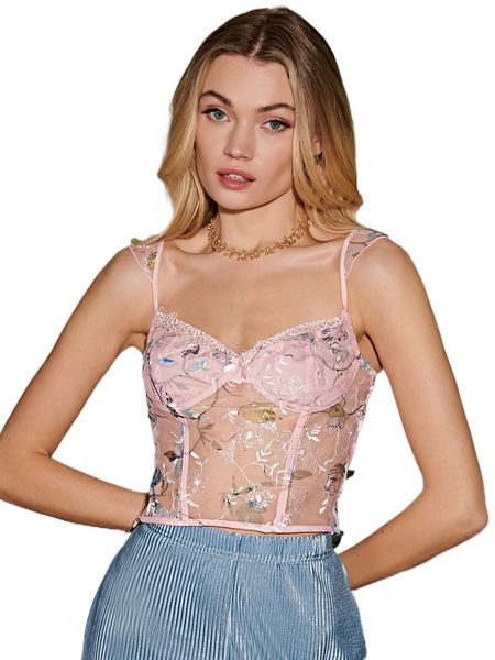 

f.loral embroidered c.rop .esh t.op 88rp#, White