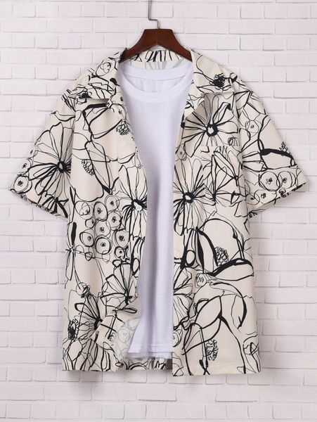 

romwe guys allover floral print shirt without tee 387c#, White;black