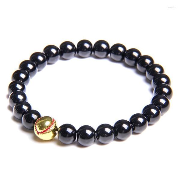 Braccialetti con perline Braccialetti da basket da uomo Bracciale con perline in agat nero lucido naturale da 8 mm Bracciale con ciondolo a sfera in lega d'oro per gioielli sportivi da donna