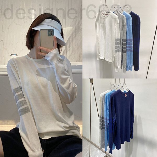 

women's knits & tees designer spring and summer loose tb style four bar wool round neck sweater thin long sleeve t-shirt for men women, White