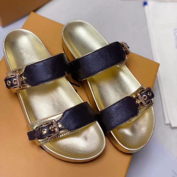 

designer mules sliders leather mules sliders women mens low mule bom dia golden buckle flip flops sandal flat shoe''louise'&#, Black