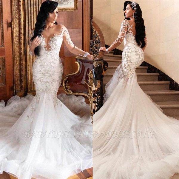 

stock luxury arabic mermaid wedding dresses dubai sparkly crystals long sleeves bridal gowns court train tulle skirt robes de mariee bc4918, White