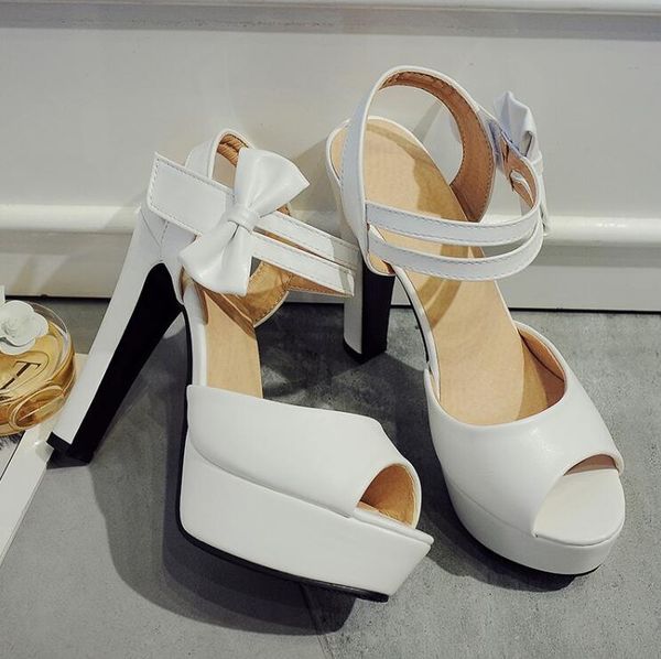 

sandals woman summer new high-heeled fish mouth shoes bow rough with waterproof platform roman women's shoes, Black