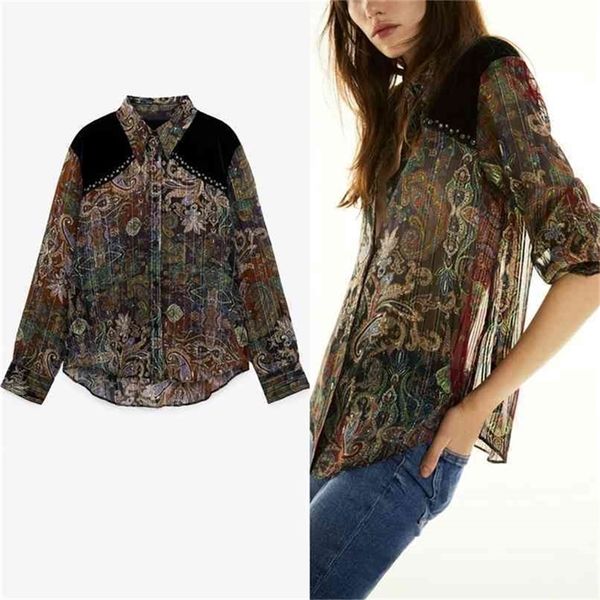 

vintage print velvet blouse women transparent long puff sleeve metallic thread shirt female chic slim patchwork 210524, White