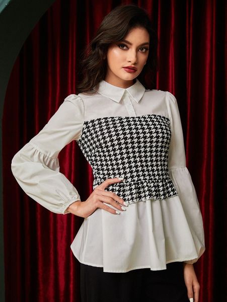 

houndstooth lantern sleeve ruffle hem blouse d3jb#, White
