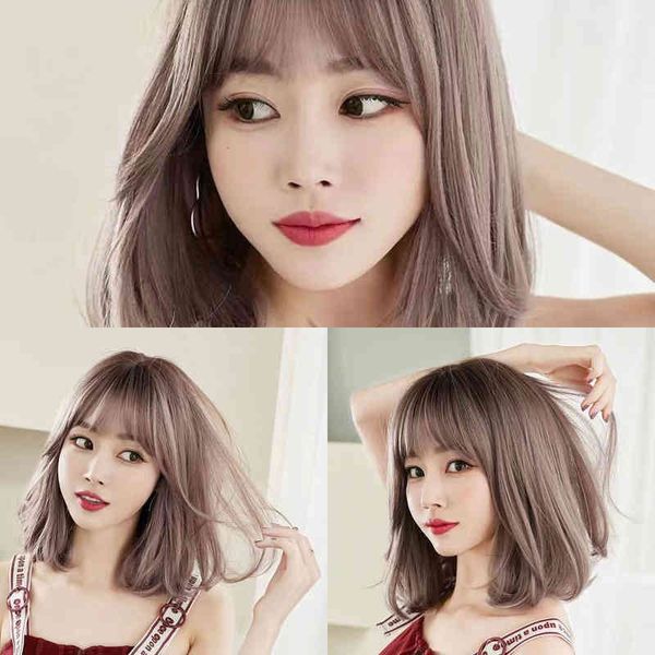 

nxy wigs female natural short hair fluffy clavicular set curly medium long pear flower head shoulder length, Black;brown