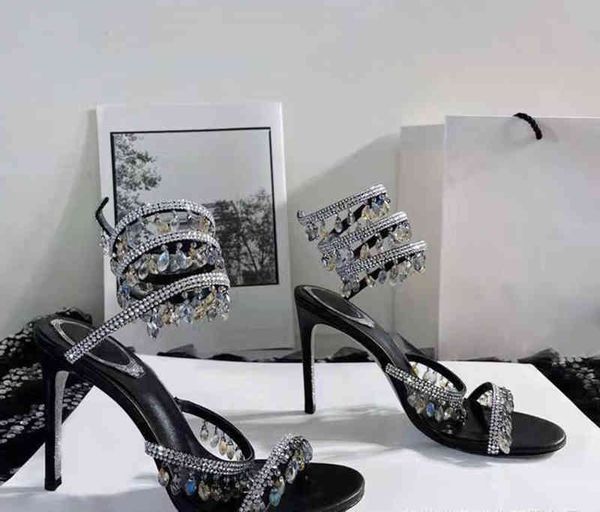 

fashion-2022 crystal pendant snake winding high-heeled sandals rhinestone ankle winding high-heeled shoes fairy shoes, Black
