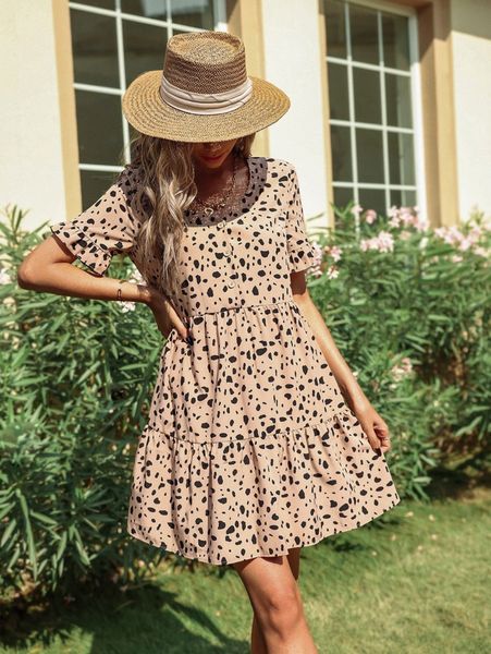 

dalmatian print flounce cuff ruffle hem smock dress 51wc#, Black;gray