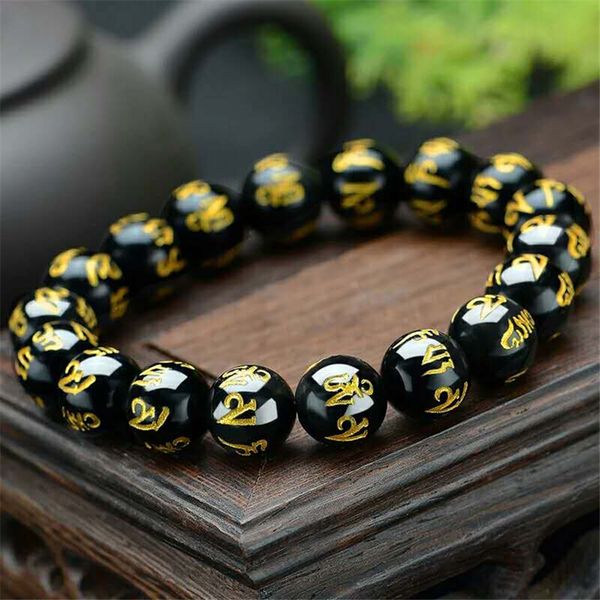 

natural black gold obsidian 6 six words bracelet women men 10mm 12mm 14mm 16mm 18mm stone stretch round beads crystal aaaaaa, Silver