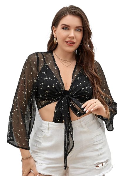 

plus galaxy pattern tie front without bra p63t#, Black