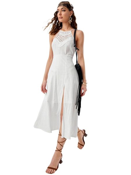 

contrast lace split thigh halter backless dress l5kv#, Black;gray