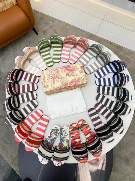 

with box 2022 paris dies sandals brand shoes women dways slide slippers lime check'n' embroidered cotton outdoor sandals outdoor d, Black