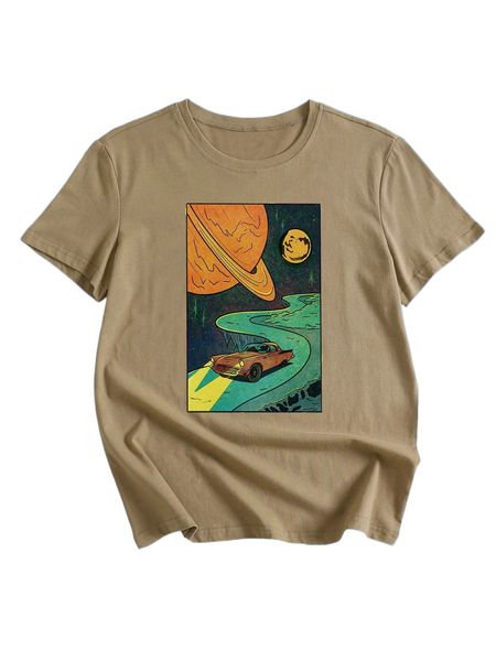

romwe x bottle cap creative planet & car graphic tee w2j1#, White