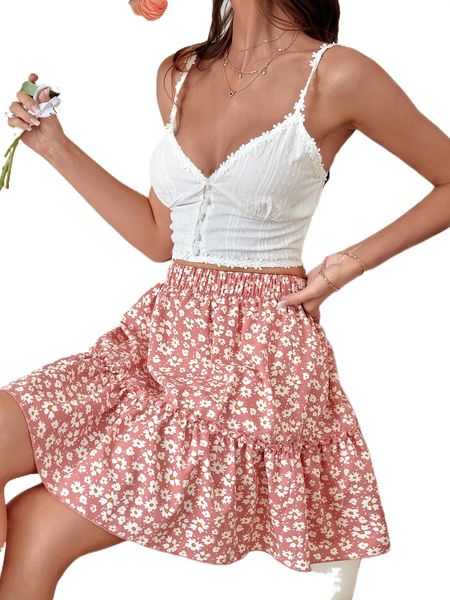 

allover floral print ruffle hem skirt b0rk#, Black