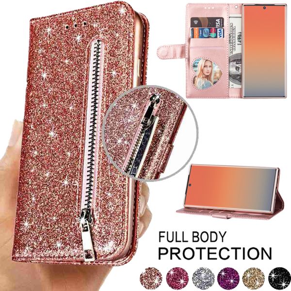 Moda Glitter Card Slots Capas Carteira de Couro Flip para Samsung S6 S7 S8 S10 S10 S20 PLUS S20FE 5G Nota 8 9 10 Capa Capa