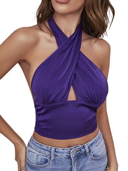 

cross wrap tie backless halter w97j#, White