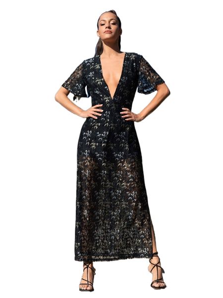 

deep v neck split thigh lace dress a6zx#, Black;gray