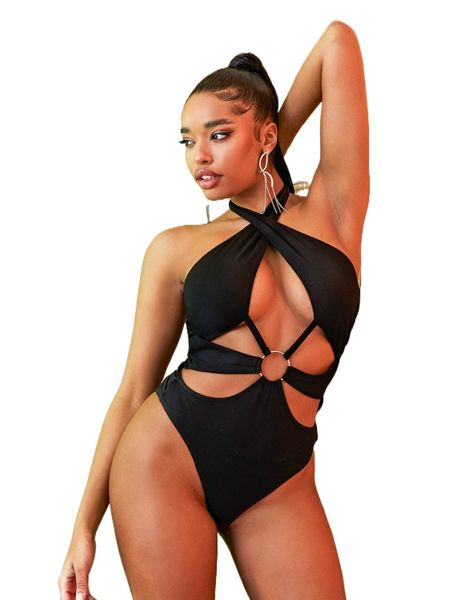

sxy o-ring detail cut out crisscross halter bodysuit u3pu#, White