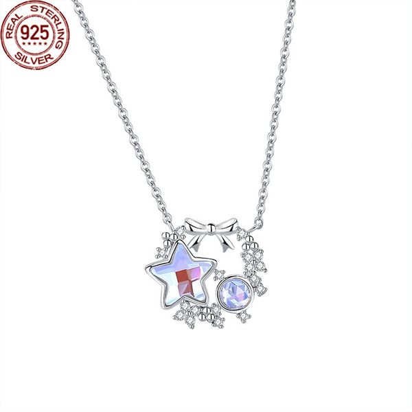 

s925 sterling silver bow star necklace japanese and korean girls' heart magic colored stone collarbone chain fairy wind qixi gift women