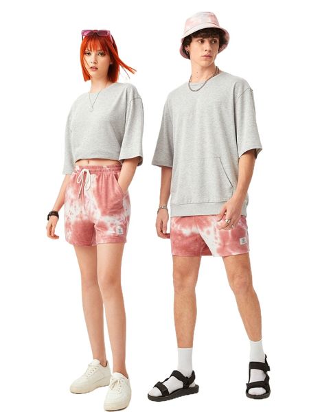 

1 pc letter patched tie dye shorts a4a3#, White;black