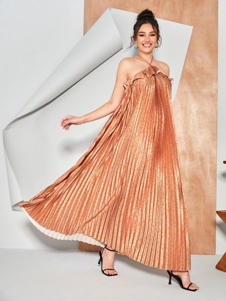 

x madola floral print tie backless pleated satin dress x7lq#, Black;gray