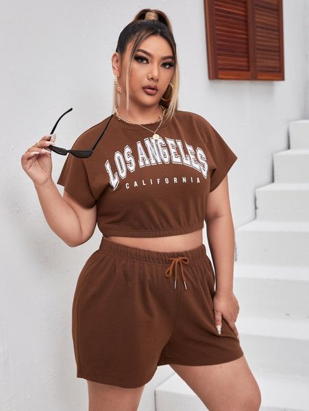 

plus letter graphic crop tee & drawstring waist track shorts k3kv#, Black