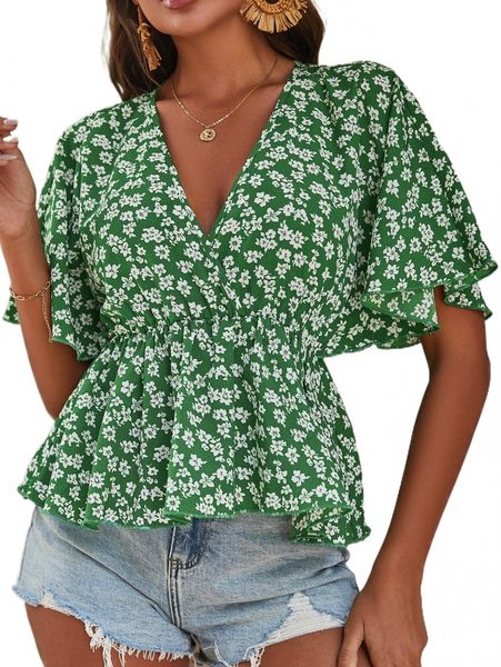 

ditsy floral print butterfly sleeve peplum blouse b3jo#, White