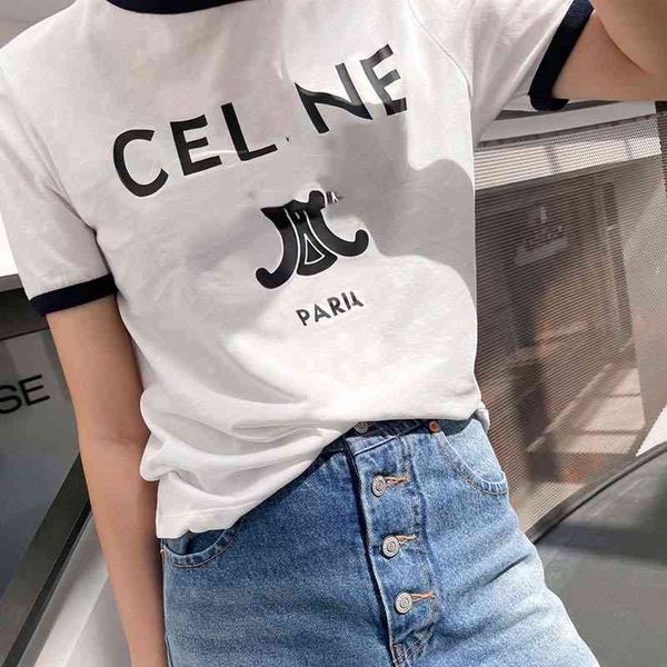 

summer new fashion aging print short sleeved t-shirt women's loose and thin casual versatile round neck top, White
