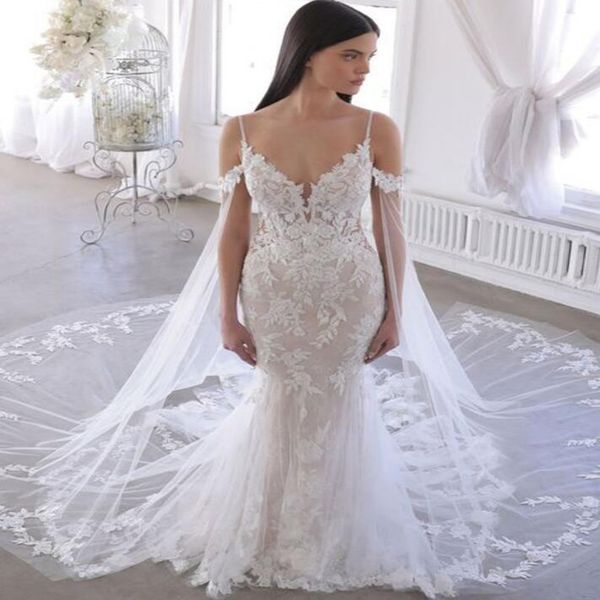 

princess mermaid dubai wedding dress 2022 spaghetti straps backless boho country wedding dresses kaftan sleeves lace women robe mariage vest, White
