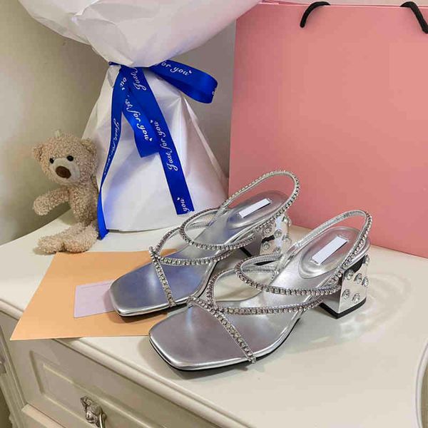 

sandals rhinestone high heels luxury designer shoes square toe cross belt women pumps chunky heeled 220316, Black