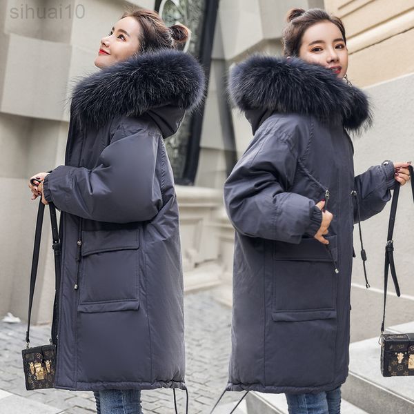 

fashion big fur collar winter coat women slim long parka ladies thickening warm down jacket women clothing female hat l220730, Black