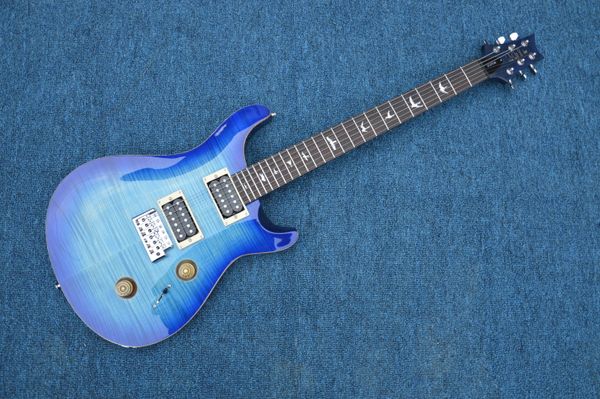 

prs electric guitar neck through body a flame maple inlays birds chrome hardware color blue