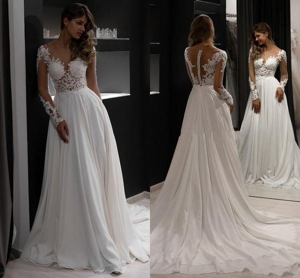 

2022 new spaghetti bridal long-sleeved wedding dress forest series bride simple u-neck large backless travel shoot small trailing lace vesti, White