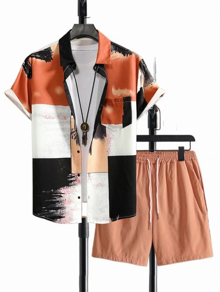 

men color block brush print shirt & shorts without tee v9x6#, Gray