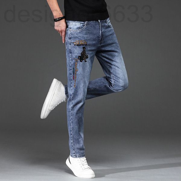 

men's jeans designer spring and summer european fashion brand embroidered elastic casual korean slim legged pants agzj, Blue