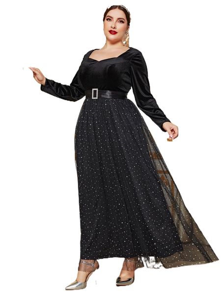 

plus sweetheart neck mesh hem belted formal dress m8ii#, Black