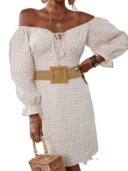

gingham tie front dress without belt l50d#, Black;gray
