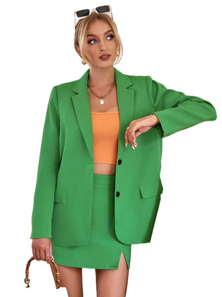 

lapel neck blazer & split hem skirt b7bv#, White