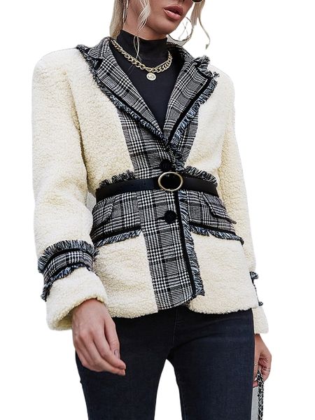 

contrast plaid panel teddy coat without belt s0e1#, Black