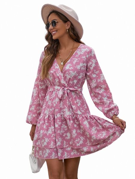 

floral print lantern sleeve ruffle hem belted dress b953#, Black;gray