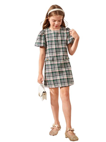 

girls plaid flap pocket puff sleeve dress x8at#, Black;white