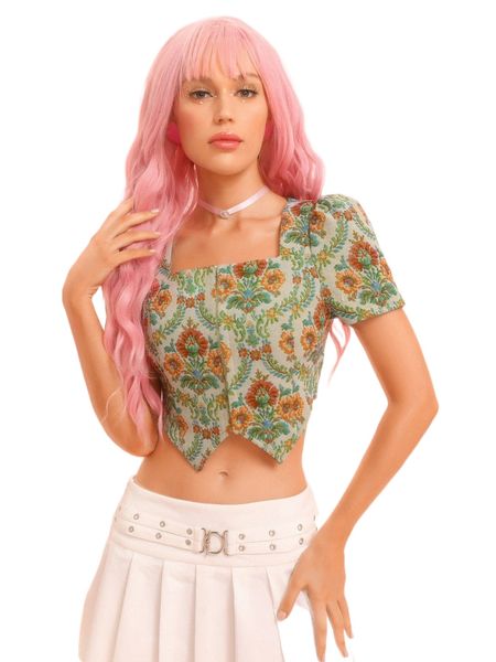 

floral print square neck puff sleeve asymmetrical hem crop blouse u2xt#, White