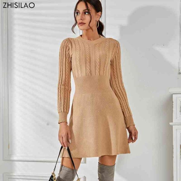 

zhisilao long sleeve knitted dresses women winter autumn 2021 o-neck a-line mini dress thicken short sweater dress black t220804, Black;gray