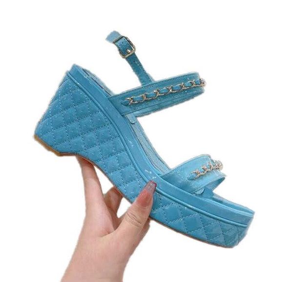 

fashion brand ladies sandals thick heel bottom patent leather shiny leather round toe back buckle large metal chain decorative dress casual, Black