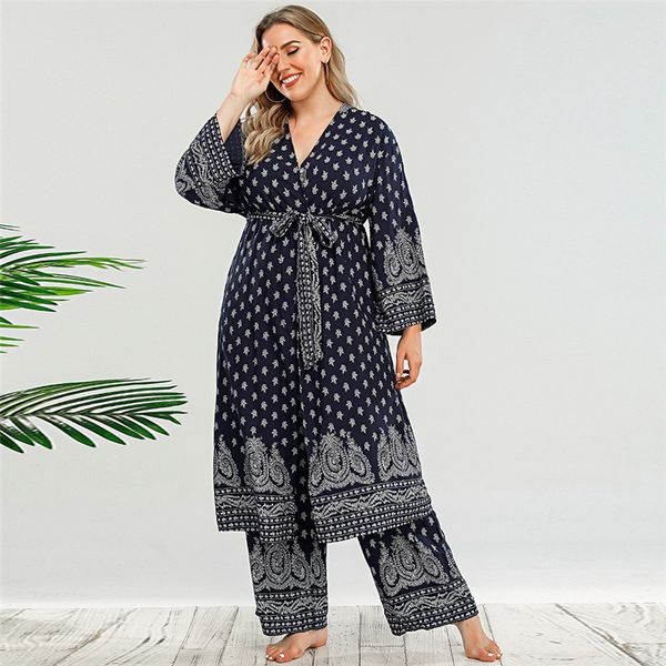 

plus size dresses print belted coat & pants d6t9#, Black