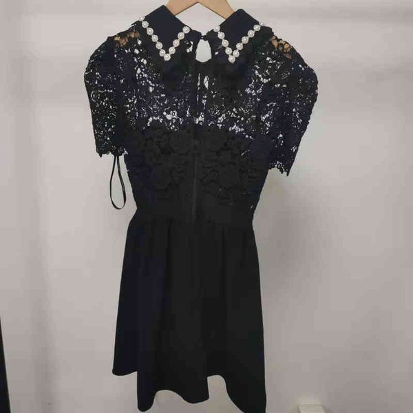 

casual dresses french single sp spring and summer hepburn style lapel pearl diamond lace hollow short sleeve dress, Black;gray